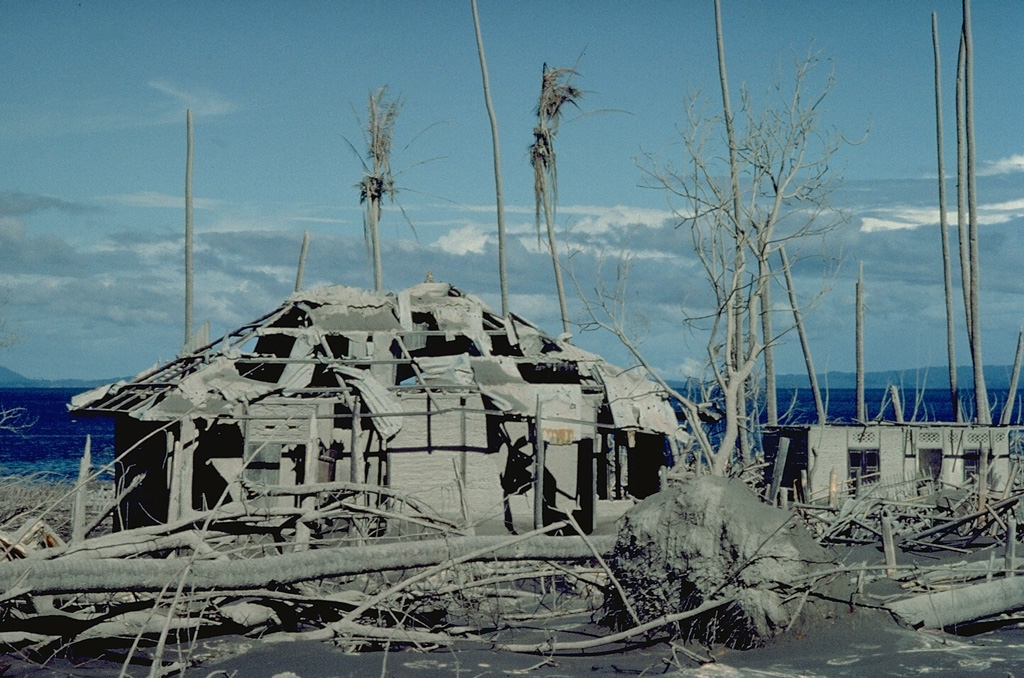 Houses on Una-Una island were devastated by pyroclastic flows from Colo volcano in 1983 that swept over virtually the entire island.  All residents had been evacuated by the day before the July 23 paroxysmal eruption. Copyrighted photo by Katia and Maurice Krafft, 1983.