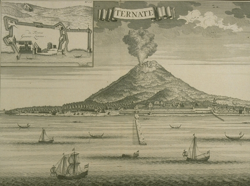 This 1724 sketch shows an erupting Gamalama volcano with the harbor of the city of Ternate, eastern Indonesia's second largest city, and a major center of Portuguese and Dutch clove trade, in the foreground.  The last reported eruption prior to 1724 was in May 1687, when heavy ashfall occurred, although the sketch could be a generic depiction of the city with the erupting volcano in the background. From the collection of Maurice and Katia Krafft.