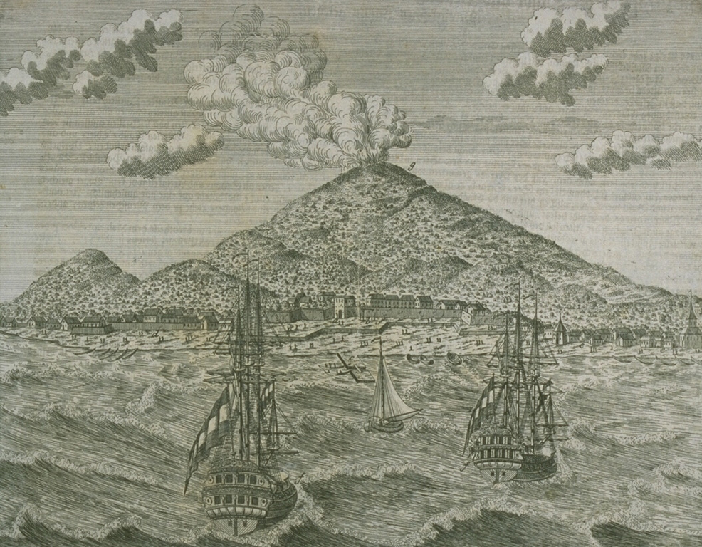 A 1760 sketch shows an eruption plume above Gamalama volcano on Ternate Island.  The last prior eruption was in 1737, although the sketch could represent a generic depiction of the erupting volcano. From the collection of Maurice and Katia Krafft.