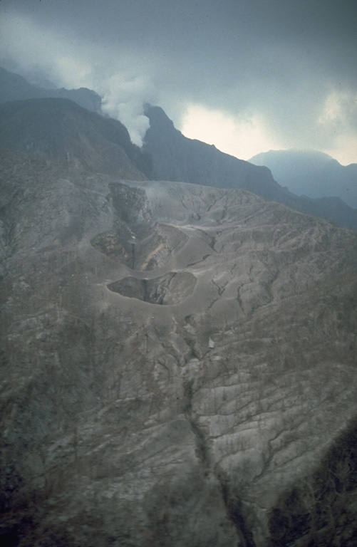 The 1991 eruption of Pinatubo began on 2 April with a small phreatic eruption on the upper NW flank.  The eruptions formed several craters along a 1.5-km-long, E-W-trending alignment. Steam rises from a vent at the SW end of the fissure.  Activity continued at two of these vents through April-May and increased prior to extrusion of a small lava dome at a NW-flank vent on 7 June. Photo by Chris Newhall,1991 (U.S. Geological Survey).