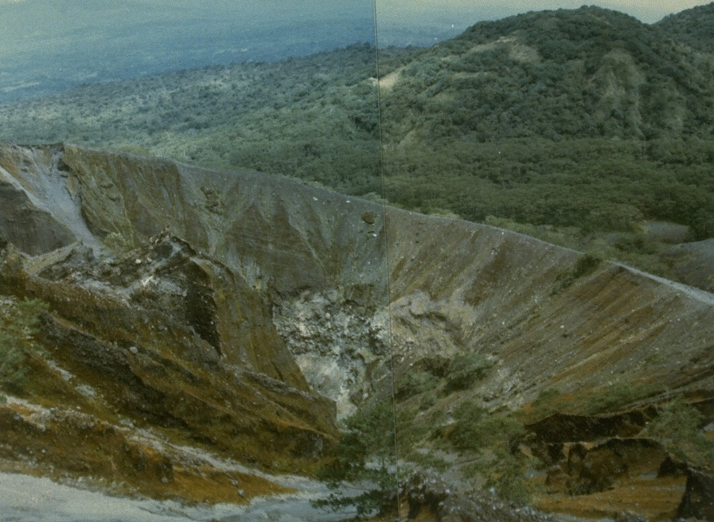 An eruption during 1950-51 formed the crater in the foreground within the larger Kaba Vogelsang crater on the upper ENE flank of Kaba volcano. The eruption began in March 1950 and lasted until April of the following year. An eruption on 7 March 1951 resulted in ashfall that destroyed forests on the volcano, and incandescent bombs were ejected on 2 March. Photo by Deddy Rochendi, 1981 (Volcanological Survey of Indonesia).