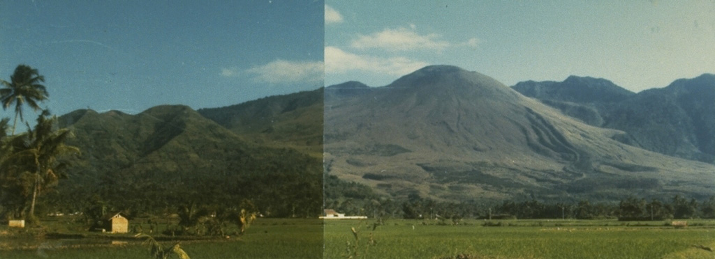 Gunung Guntur at the right center is the youngest cone of the volcanic complex. It consists of a younger SW part consisting of cones lying along a NW-SE trend and an older, more eroded complex to the NW. Youthful lava flows can be seen on the lower right-hand flanks of Guntur, whose name means "thunder," a reflection of frequent eruptions in the 19th century.  Photo by Ruska Hadian, 1988 (Volcanological Survey of Indonesia).