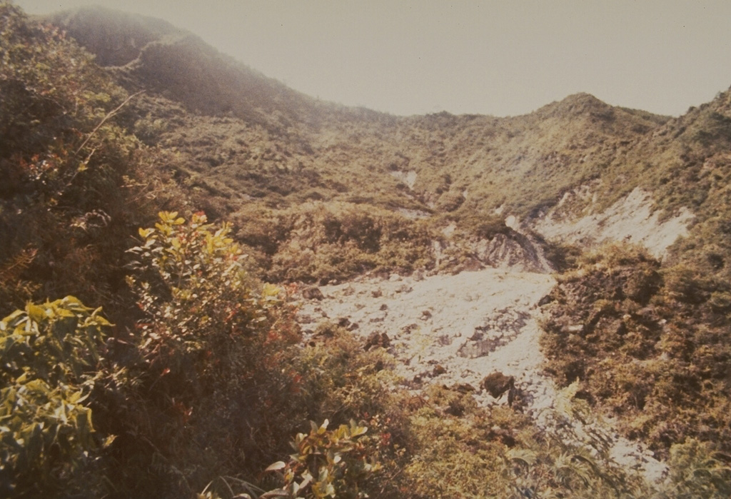 Hydrothermally altered rock within the Kawah Pakuwaja (also spelled Pakuwojo), one of the many craters of the Dieng Plateau, in 1973. The crater is located near summit of Gunung Pakuwaja, one of the larger cones of the Dieng volcanic complex. Kawah Pakuwaja is one of the most active craters at Dieng and has produced several phreatic explosions during historical time. Photo by Sumarma Hamidi, 1973 (Volcanological Survey of Indonesia).