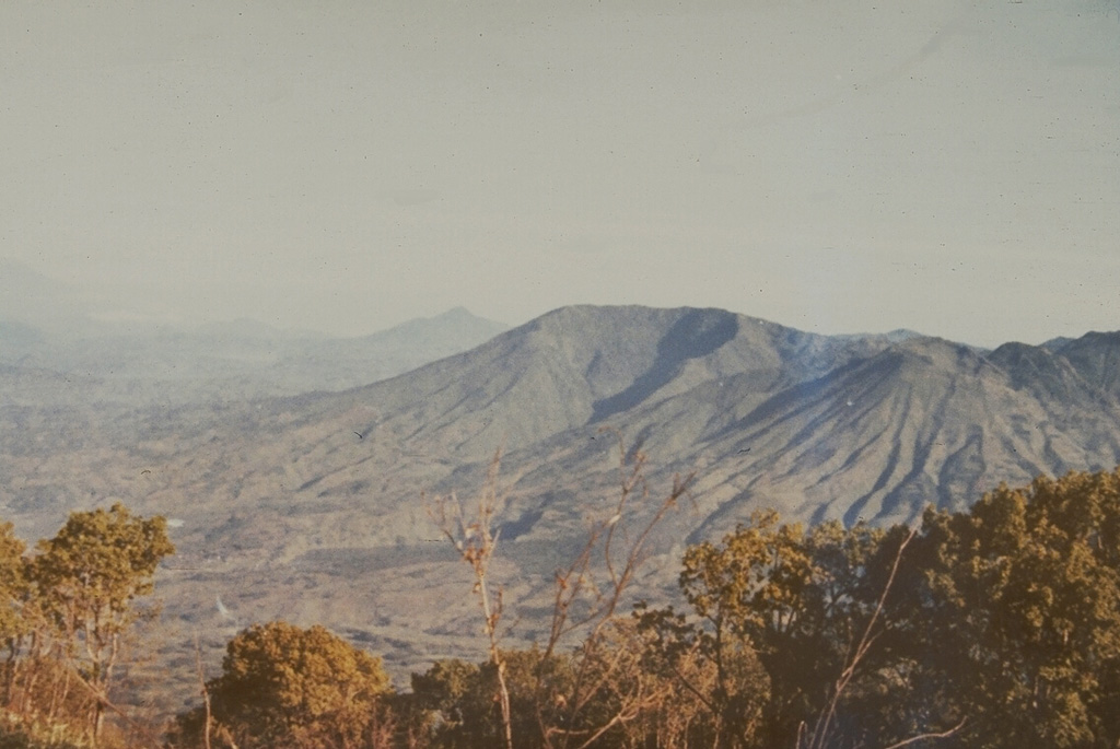 Gunung Bisma (center), seen here from the east, is a larger cone of the Dieng Volcanic Complex. It contains a valley that opens to the SE. The cone to the right of Bisma that contains erosional valleys radiating from the summit is Gunung Seroja. Photo by Sumarma Hamidi, 1973 (Volcanological Survey of Indonesia).
