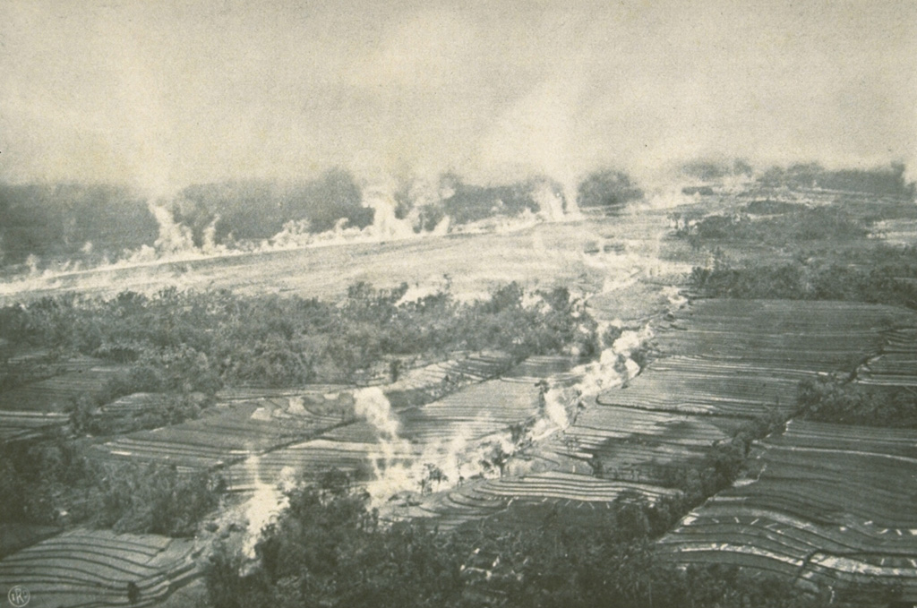 Steam rises from still-hot pyroclastic flow deposits in the Kali Blongkeng valley, 12 km from the summit of Merapi, in December 1930. Thirteen villages were totally destroyed and 29 more partially destroyed by these pyroclastic flows, which killed 1,369 people on 18 December. Photo published in Neumann van Padang, 1933 (courtesy of Volcanological Survey of Indonesia).