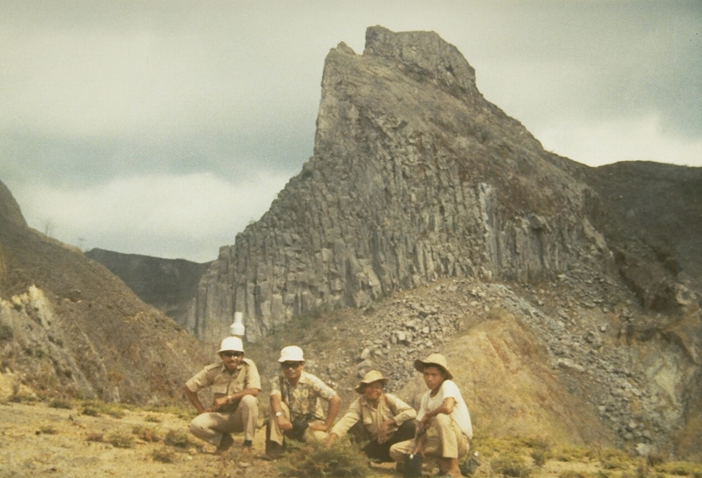 Sumbing is one of several prominent lava domes at the summit of Kelud volcano in central Java that give the volcano an irregular profile. Photo by Sumarma Hamidi, 1973 (Volcanological Survey of Indonesia).