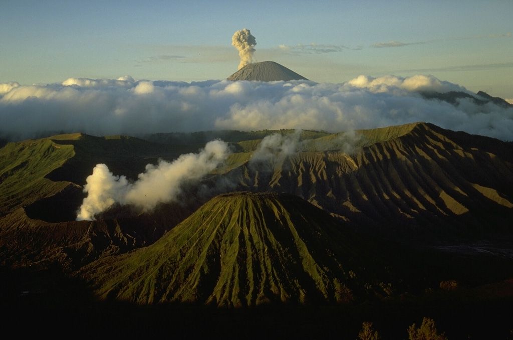 Semeru, Java's highest volcano, is seen in eruption on the skyline at the southern end of a volcanic chain extending from Tengger caldera on the north. The eroded post-caldera cone of Batok is the center foreground and Bromo in the left foreground producing a white plume.  Photo by Lee Siebert, 1995 (Smithsonian Institution)