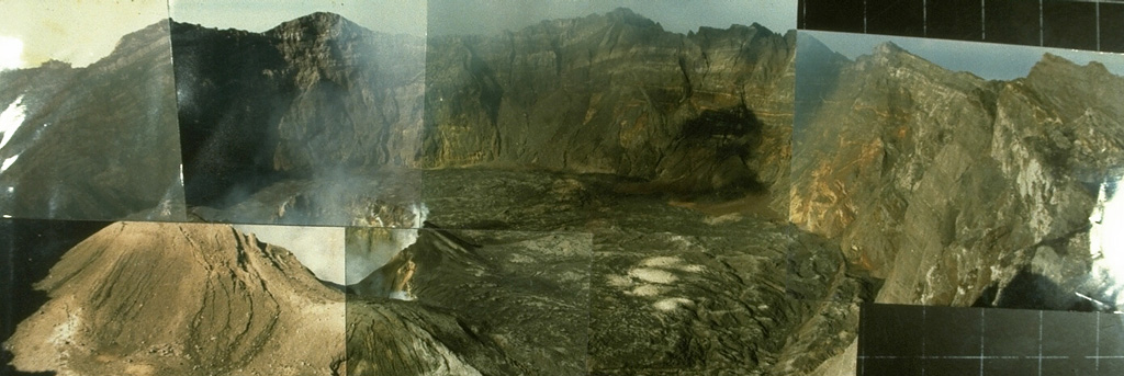 This composite photo shows the steep-walled, 2-km-wide summit caldera of Raung volcano. A 90-m-high scoria cone shown producing a plume on the caldera floor at the left began to form in 1902 and is the source of recent explosive eruptions. Fresh lava flows cover the caldera floor. Photo by Igan Sutawidjuja, 1984 (Volcanological Survey of Indonesia).