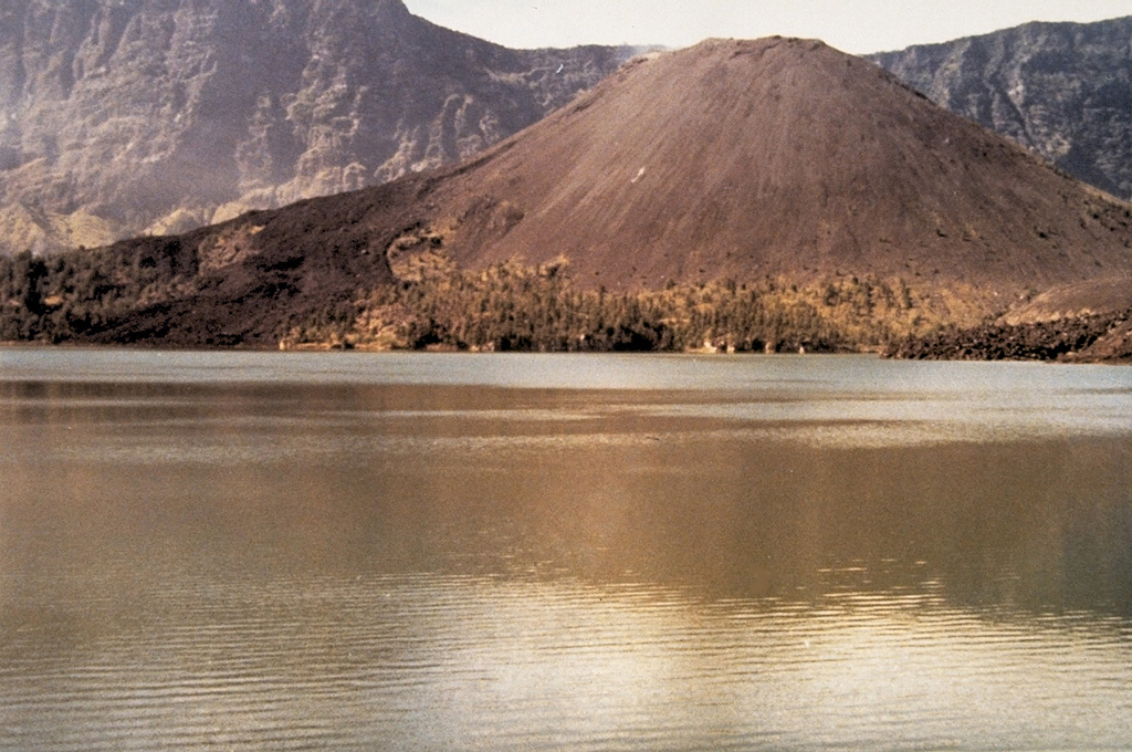 The dark-colored lava flow to the left flowed N into the caldera lake from a vent on the upper E flank of Barujari during a 1966 eruption. Lava flows from the same eruption also flowed S into the lake. Gunung Barujari is a large cone constructed on the eastern floor of Segara Anak caldera. The cone is about 370 m high and along with flank vents and lava flows forms a large peninsula westward into the lake. Photo by Sumarma Hamidi, 1973 (Volcanological Survey of Indonesia).