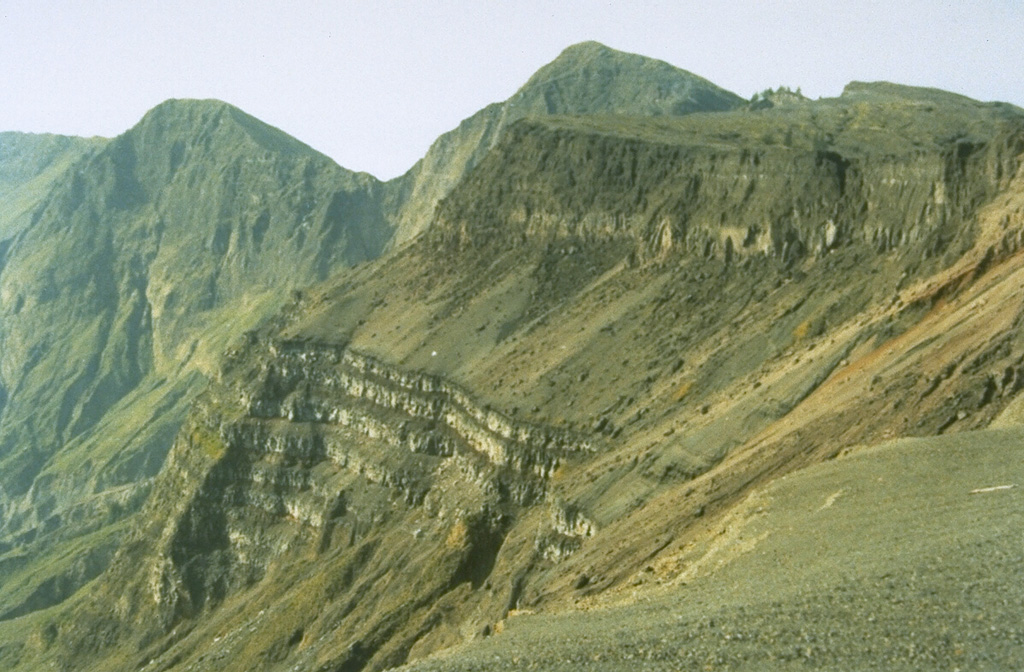 The bottom portion of this cliff section in the W wall of the Tambora caldera shows a thick sequence of bedded lava flows that filled an earlier caldera that formed 43,000 years ago. The sloping surface above it consists of pyroclastic material erupted between about 5,900 and 1,210 years ago. This is overlain by unit about 200 m thick that was produced during the 1815 eruption. These upper cliffs expose pumice deposits that originated from the eruption plume at the base, overlain by a thick sequence of pyroclastic flow deposits. Photo by Rizal Dasoeki, 1986 (Volcanological Survey of Indonesia).
