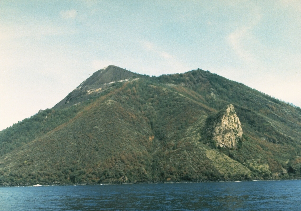 An old lava dome forms the light-colored feature at the right on the SE flank of Gunung Iya. It is part of a southernmost chain of cones forming a peninsula on the south-central coast of Flores Island. Photo by Ruska Hadian, 1985 (Volcanological Survey of Indonesia).
