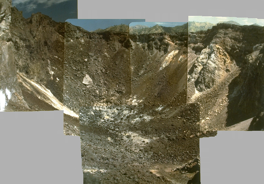 A composite photo taken in 1979 shows the crater at summit of Iliwerung lava dome.  The summit lava dome was formed during an eruption in 1870, the first historical eruption of Iliwerung volcano. Photo by Ruska Hadian, 1979 (Volcanological Survey of Indonesia).