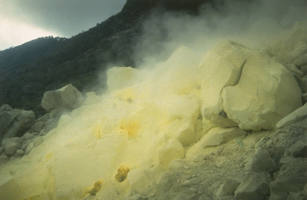 Steam issues from the sulfur-encrusted Wurlali fumarole field, which is a source of sulfur extraction.  Fumarolic areas at Wurlali occur in the summit crater and on the SE flank. Photo by K. Sumaryano, 1994 (Volcanological Survey of Indonesia).