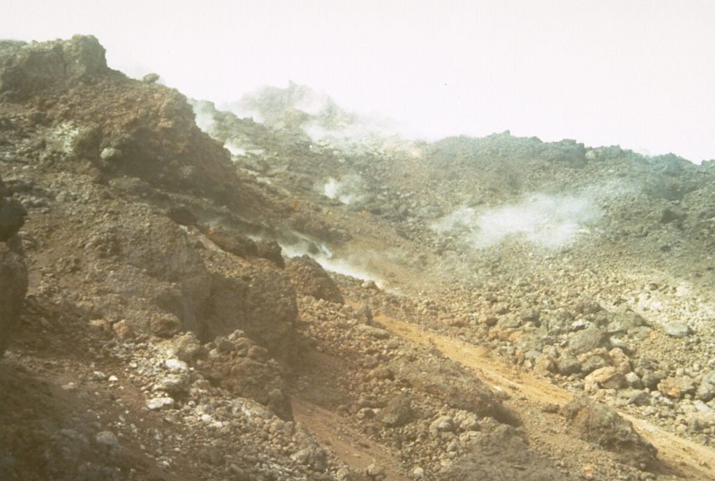 During an eruption in 1966-67, a lava dome was emplaced at the summit of Soputan, and a lava flow, seen steaming here in 1973, descended its flanks.  The eruption began with a vulcanian explosion on May 21, and lava outflow began June 12-15, resumed again in November and continued until November of the following year. Photo by Ruska Hadian, 1973 (Volcanological Survey of Indonesia).