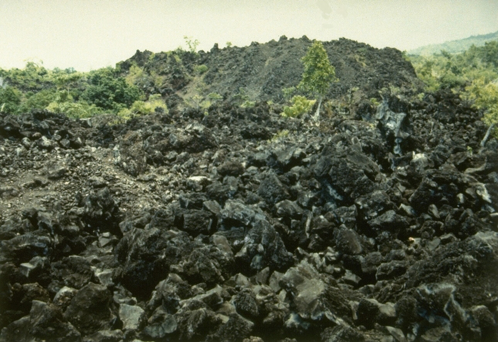 The blocky Batu Angus lava flow traveled from the summit down the northern flank to the sea during an eruption from March 10-13, 1737.  The lava flow forms the irregular northern tip of Ternate Island. Photo by Ruska Hadian, 1994 (Volcanological Survey of Indonesia).