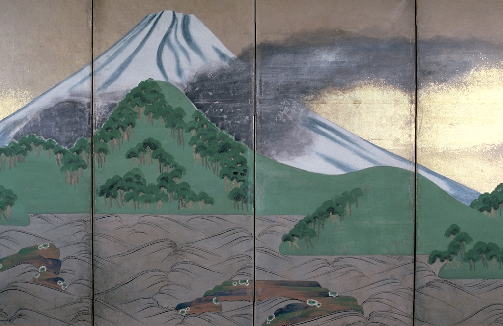 A contemporary folding screen by Ogata Korin correctly depicts the 1707 eruption of Mount Fuji that occured from the SE-flank Hoei crater (dark area at left); the ash plume is dispersing to the NE. The major explosive eruption was continuous during 16-20 December and intermittent until February 1708. Significant ashfall from this eruption reached the capital city of Edo (Tokyo). Secondary lahars damaged houses and agricultural land. Photo by Chip Clark (Smithsonian Institution; courtesy of Robert Simmons).
