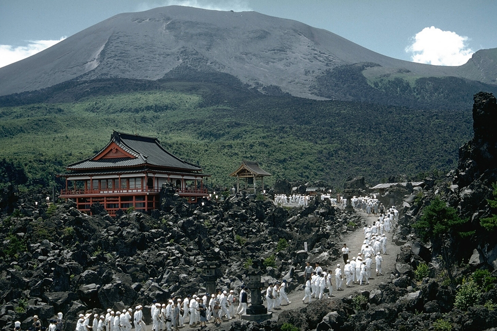 The Onioshidashi lava flow on the N flank of Asamayama volcano was erupted at the end of the last major eruption in 1783. Asamayama has a historical record dating back more than 1,300 years. The Maekakeyama summit in the center was constructed within an open crater whose rim appears on the horizon to the far-right Photo by Richard Fiske, 1961 (Smithsonian Institution).