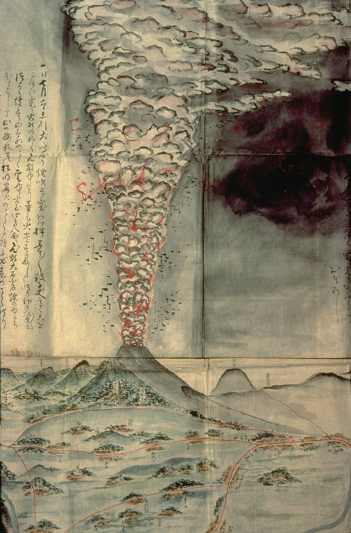 This contemporary painting depicts the 1783 eruption, one of the largest historical eruptions of Asama.  It began with moderate explosions on May 9 and in late June and mid July.  Activity intensified beginning July 25, and the culminating stage took place August 3-5.  On August 4 and 5, the Agatsuma and Kambara pyroclastic flows swept the north flank, the latter destroying several villages, and along with associated lahars, caused 1377 fatalities.  Emplacement of the Onioshidashi lava flow on the north flank concluded the eruption. Painting by Kenichi Maruyama (from the collection of Maurice and Katia Krafft).