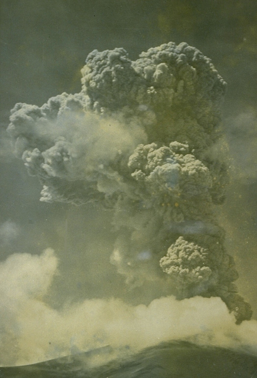 A 4-km-high eruption plume rises above the summit of Asama volcano on June 24, 1954.  Frequent small explosive eruptions had begun in December 1953 and continued until June 1955.  A large vulcanian eruption occurred on June 11, 1955.  Activity ended with a small explosion on August 2, 1955. From the collection of Maurice and Katia Krafft.