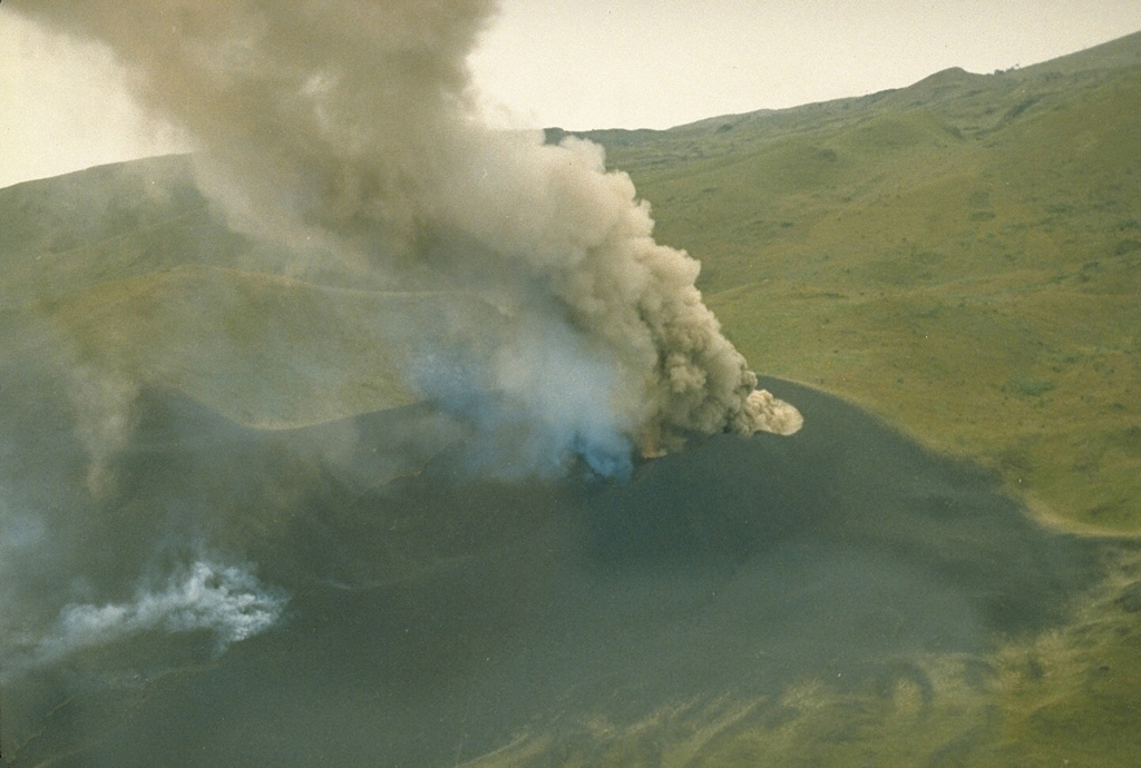 An eruption plume rises above a new scoria cone that formed on the SW flank of Mount Cameroon on 16 October 1982. The eruption occurred from a NNE-SSW-trending radial fissure at the location of an older scoria cone. A lava flow traveled 12 km down the SW flank to within about 6 km of the Atlantic coast. Two towns were evacuated, and tephra caused damage to plantations. The eruption ended on 12 November. Photo courtesy of Tom Humphrey, 1982 (Gulf Oil).