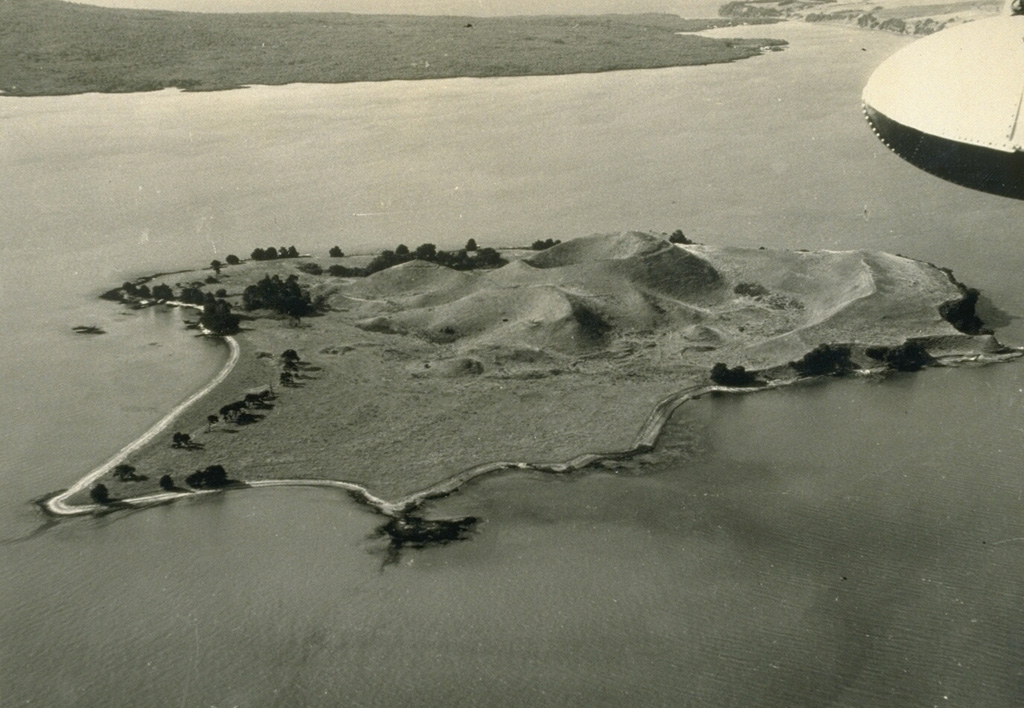 Motukorea (also known as Brown's Island) in Waitemata Harbour, New Zealand, is composed of a remnant tuff ring (right side), scoria cones (center), and lava flows that form the flat peninsula in the foreground. It is one of more than 50 Pleistocene-to-Holocene centers in the Auckland Volcanic Field. The low-angle slopes of lava flows from Rangitoto are visible to the north in the background. Photo by B. Thompson (published in Green and Short, 1971).