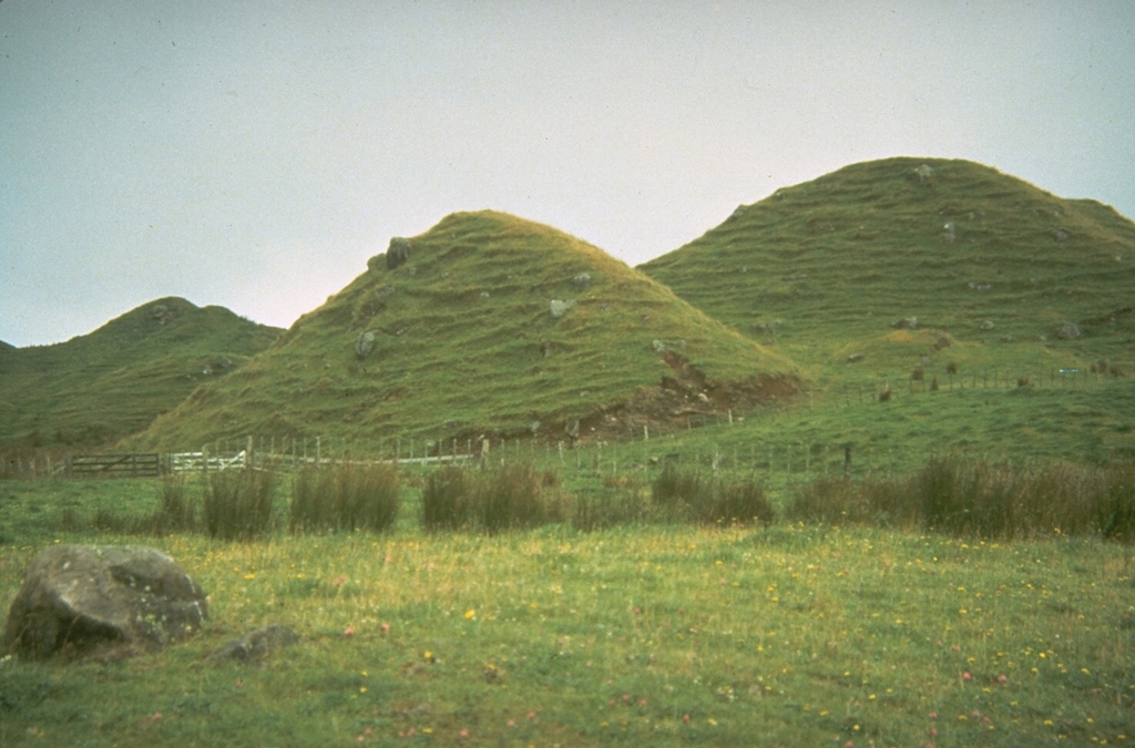 Grass-covered conical hills dot the plains around Mount Taranaki on New Zealand's North Island. Small hills such as these, often located in lowland areas well beyond the flanks of a volcano, were once thought to be scoria cones or small secondary vents produced by explosions when a lava flow passed over a body of water. They are now recognized to be hummocks of massive debris avalanches produced by volcanic landslides or flank collapse. Debris avalanche deposits originating from repetitive collapse surround the volcano to distances of about 40 km. Photo by Don Swanson, 1984 (U.S. Geological Survey).