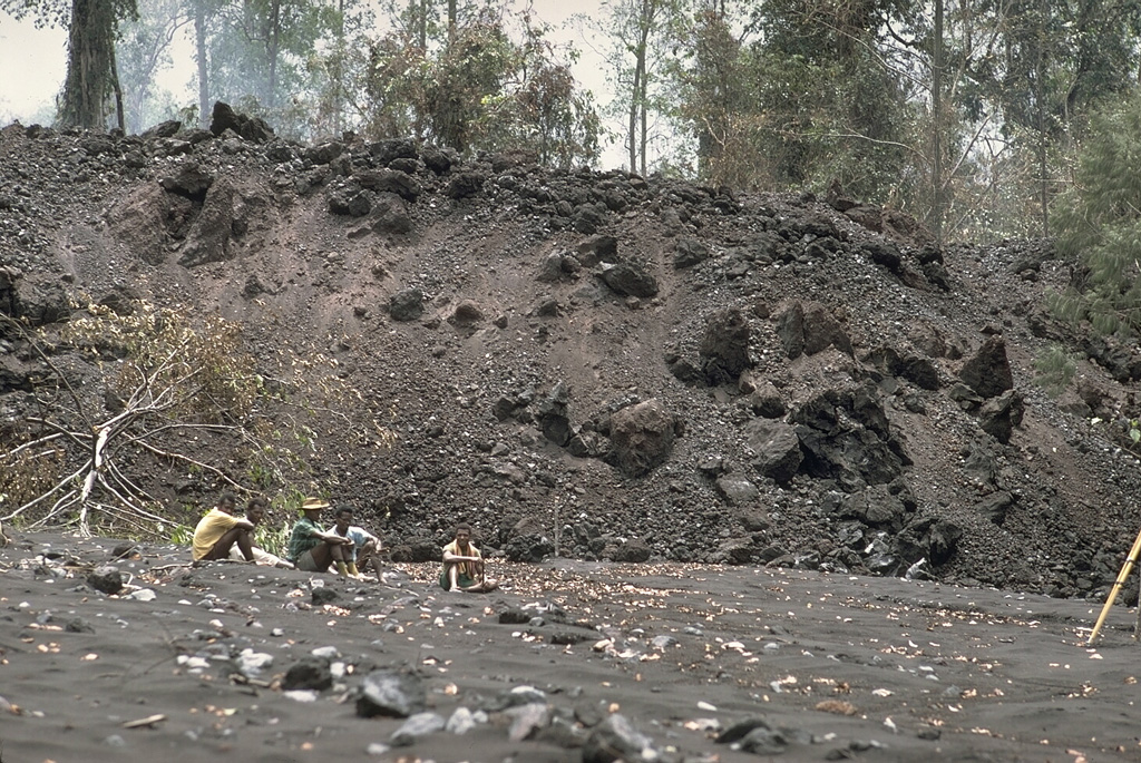 The toe of a blocky lava flow above members of a volcanological field team at Ulawun volcano in February 1970. The lava flow traveled 5 km from the summit, covering a broad area on the upper SW flank before being restricted to a narrow valley on the lower W flank. At its distal end, the flow front was 50 m wide and 8 m high and advanced slowly at a rate of 10 m/hour. Photo by Robert Citron, 1970 (Smithsonian Institution; courtesy of William Melson)