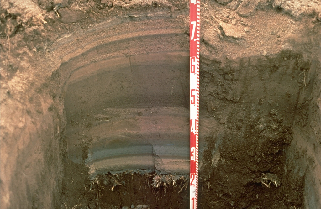 Tephra layers from the 1994 eruption of Rabaul volcano are exposed in this pit dug at the eastern end of Rabaul town in Papua New Guinea. Individual layers are ashfall deposits from discrete explosive eruptions that occurred over three weeks. The light-colored layer near the bottom was produced by an eruption from Vulcan cone at the western end of the caldera. Most other layers originated from periodic explosions at the Tavurvur cone, closer to this site. The numbers on the scale mark 10-cm increments. Photo by Andy Lockhart, 1994 (U.S. Geological Survey).