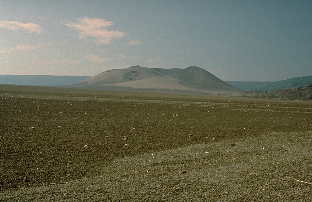 A large raft of floating brownish pumice from the 1994 eruption of Rabaul volcano obscures the surface of Blanche Bay. The pumice originated from Vulcan volcano (center) during a series of explosive eruptions beginning on 19 September. The larger, light-colored objects in the pumice raft are floating coconuts. This photo was taken on 11 October, three weeks after the start of the eruption, and nine days after activity ceased at Vulcan. Photo by Andy Lockhart, 1994 (U.S. Geological Survey).