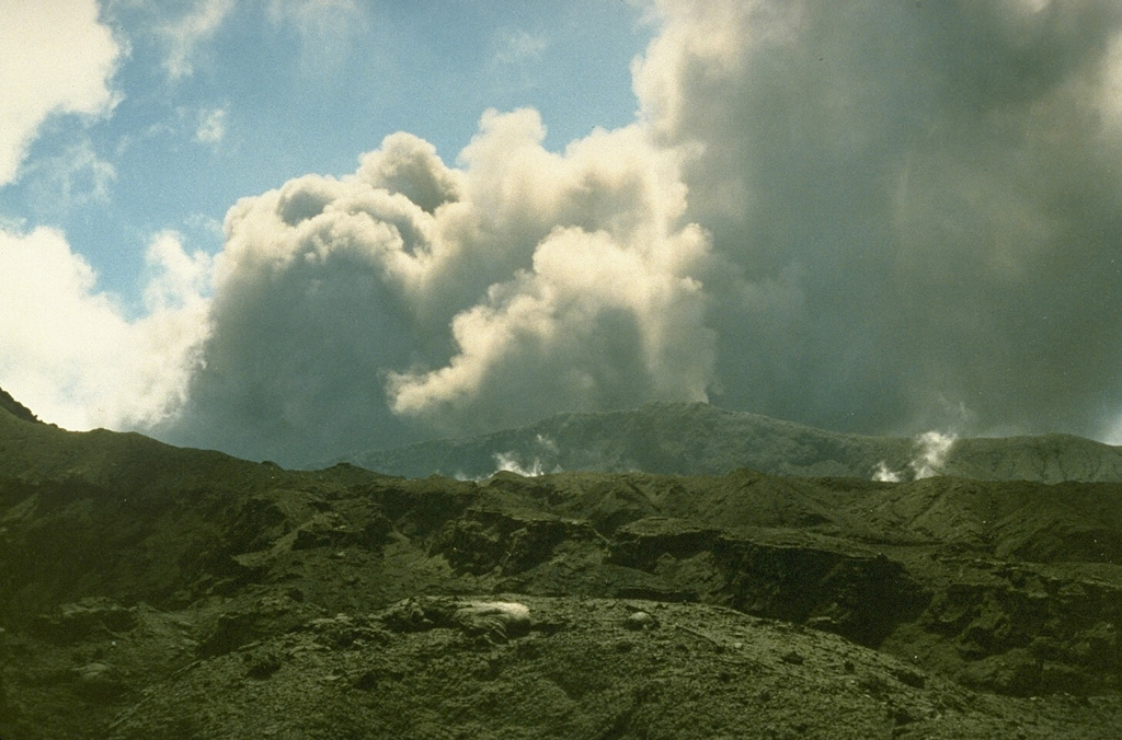 Explosive activity that ejected ash and blocks from Niri Mbwelesu crater was observed on 16 September 1990. The Niri Mbwelesu crater formed adjacent to Mbwelesu crater in 1989 when Mbwelesu was also active but no longer contained a lava lake. During 1990 activity was concentrated in Mbwelesu, Niri Mbwelesu and Niri Mbwelesu Taten craters. Activity remained more or less constant into 1991. Photo by Michel Lardy, 1990 (ORSTROM, Vanuata).