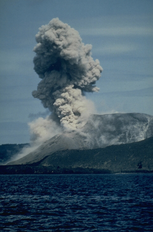 Intermittent explosions, such as this one on 2 March 1988, took place from a fissure on the SSE side of the 1960-1981 cone of Anak Krakatau from mid-February to April 1988. Two small lava flows were also produced during late February and March, accompanied by small explosions. Photo by Klaus Mehl, 1988 (Ruhr University, Germany).