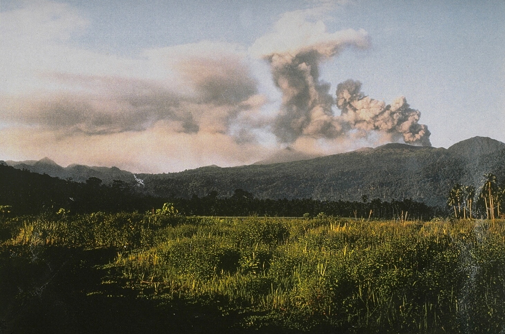 The isolated volcano of Dukono at the northern end of Halmahera Island, is one of Indonesia's most active.  Seen here in June 1991, Dukono has a broad profile and is capped by many compound craters.  Dukono has displayed more or less continuous explosive activity since 1933, occasionally accompanied by lava flows. Photo by Vivianne Clavel, 1991.