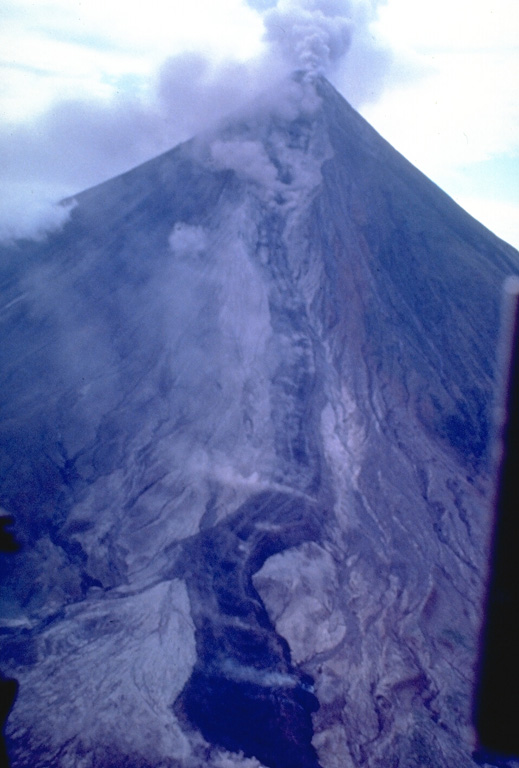 A lava flow descends the Bonga valley on the east flank of Mayon in March 1993. The lava flow had descended 4.5 km by 26 March and partially filled the deep Bonga valley, which was excavated by pyroclastic flows during the 1984 eruption. Photo by Philippine Institute of Volcanology and Seismology, 1993.