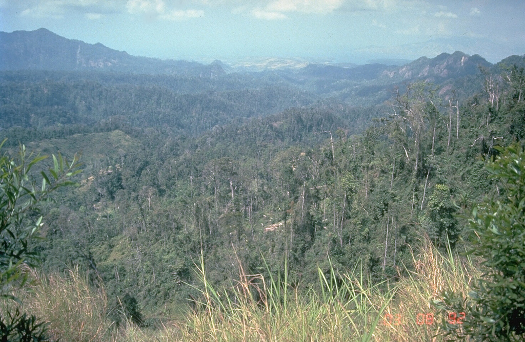 The summit of Mount Natib, south of Pinatubo, contains a 6 x 7 km caldera seen here in this view from the NE caldera rim. Five thermal areas are found in the summit region. Photo by Chris Newhall, 1989 (U.S. Geological Survey).