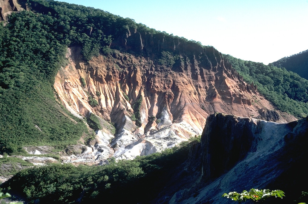 This view shows large areas of hydrothermally altered ground at the Jigokudani ("Valley of Hell") thermal area of Kuttara volcano. Jigokudani is a 300-500 m crater that formed on the W flank of Kuttara.  Photo by Tom Simkin, 1981 (Smithsonian Institution).
