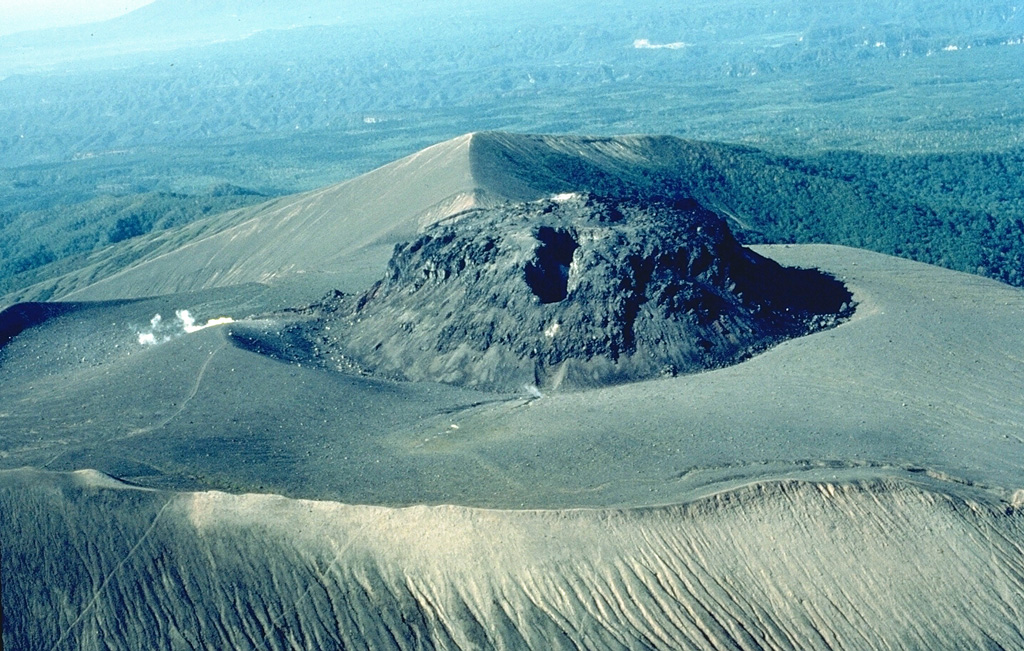 The flat-topped lava dome at the summit of Tarumai volcano was formed during an eruption in 1909.  Frequent explosive eruptions took place from January 11 until April.  On April 19 the new lava dome appeared.  The dome grew to a height of 130 m and a width of 450 m.  This 1981 photo views the dome from the NE. Copyrighted photo by Katia and Maurice Krafft, 1981.