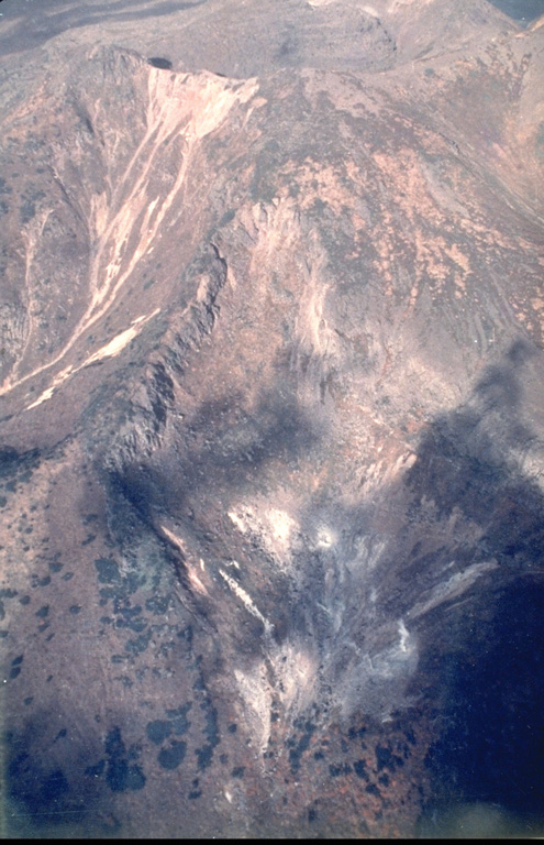 Steam rises from fumaroles on a SW-flank crater of Sashiusudake volcano on central Iturup Island with the summit crater visible at the top. A broad low lava dome, 500 m wide and 40-50 m high, occupies the crater, which has produced lava flows that cover wide areas on the northern and western flanks. Photo by T. Vendelin (courtesy of Genrich Steinberg (Institute for Marine Geology and Geophysics, Yuzhno-Sakhalinsk).