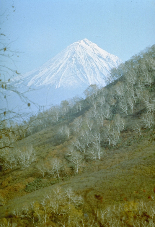 Koryaksky is one of the volcanoes surrounding Avachinsky Bay, as seen here from the south. Koryaksky and Avachinsky, its neighbors to the southeast, are popular recreational destinations from the city of Petropavlovsk.  Photo by Oleg Volynets, 1989 (Institute of Volcanology, Petropavlovsk).