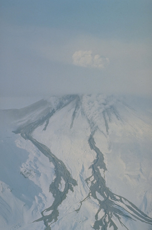 Steaming lava flows descended the SSE and SW flanks of Avachinsky in January 1991 and melted snow to form the dark lahars that traveled down the flank. The 1991 eruption began with explosive eruptions on 13 January and ended on the 30th. Photo by Oleg Volynets, 1991 (Institute of Volcanology, Petropavlovsk).