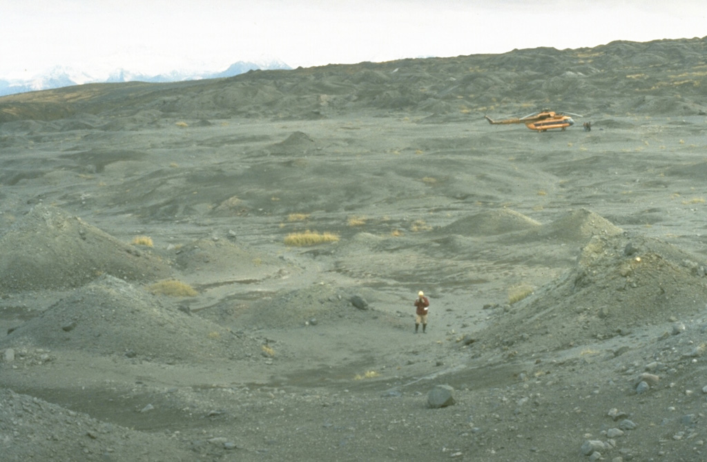 The small hummocks (hills) in this photo formed during a 1956 eruption of Bezymianny, an eruption that resembled the 1980 eruption of Mount St. Helens. The hummocky terrain is reminiscent of the debris avalanche deposit filling the Toutle River at St. Helens, and likewise was produced by a massive volcanic landslide when Bezymianny collapsed on 30 March 1956. The hummocks consist of material from the edifice that traveled out to 18 km E. Photo by Dan Miller (U.S. Geological Survey).