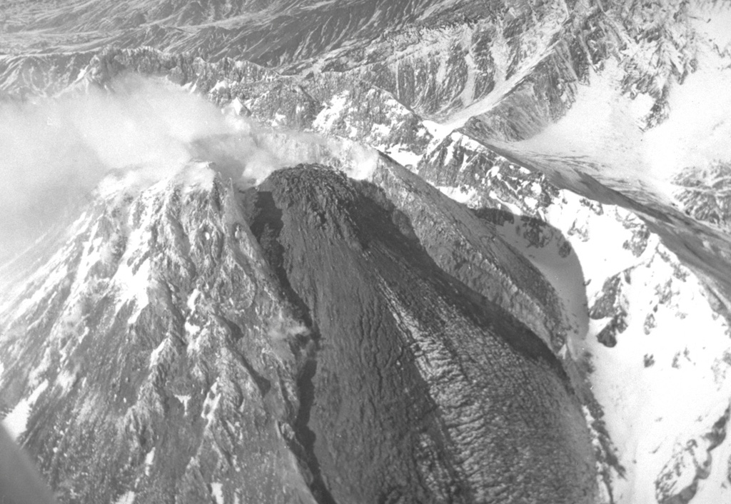 A viscous lava flow is extruded down the east flank of the Novy lava dome on 10 March 1987, within a trough that formed in the dome during the 1985 eruption. Extrusion of rigid blocks was first seen on 9 December 1986. On 16 December lava extrusion began, accompanied by explosions producing 5-6 km high ash plumes and pyroclastic flows that reached out to 4 km. Quiet lava extrusion continued until March 1988. In late July 1988 incandescence was seen at the top of the dome, accompanied by minor ash plumes. Photo by Alexander Belousov, 1987 (Institute of Volcanology, Kamchatka, Russia).