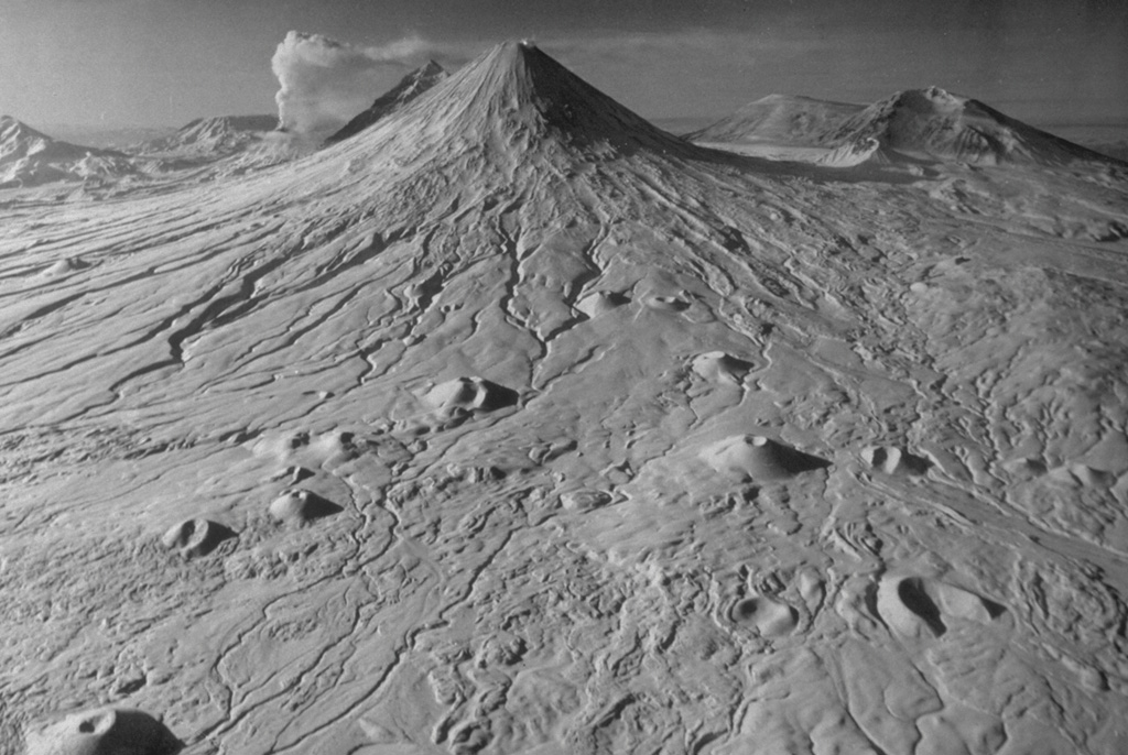 This photo from the NE shows almost all the volcanoes of Klyuchevskaya volcano group, which draws its name from Klyuchevskoy volcano (center). The volcano producing the plume in the left background is Bezymianny. Other volcanoes visible on the horizon are Zimina (far left), Tolbachik (behind Bezymianny), Kamen (left of Klyuchevskoy), and Ushkovsky (right). The NE flank of Klyuchevskoy contains smaller cones produced by more than 100 flank eruptions during the past 3,000 years. Photo by V.A. Podtabachny (courtesy of Anatolii Khrenov, Institute of Volcanology, Petropavlovsk).