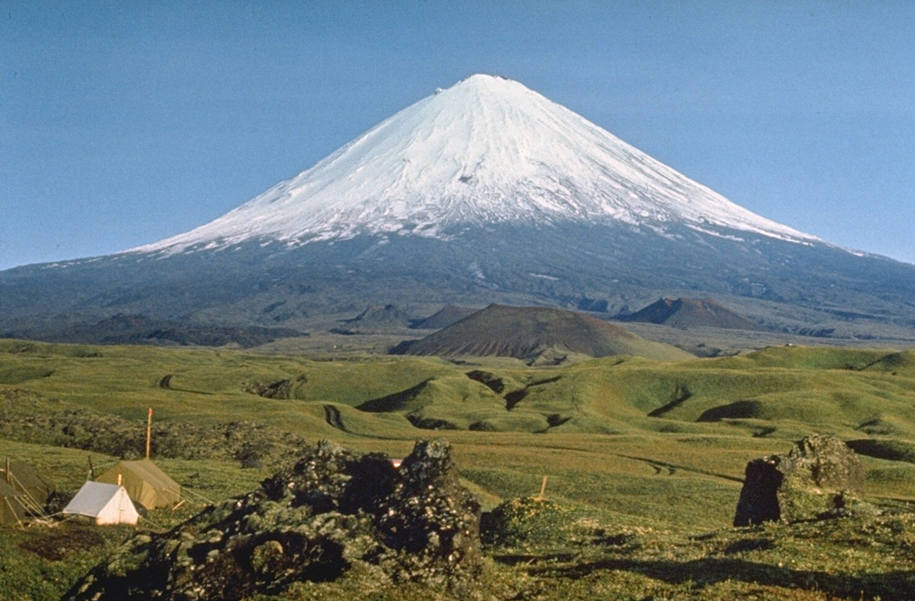 Klyuchevskoy has produced many small to moderate-volume explosive and effusive eruptions without major periods of inactivity. More than 100 flank eruptions have occurred during the past roughly 3,000 years, with most craters and cones occurring on the NE (seen here) and SE flanks, at elevations of 500-3,600 m. Photo by E.Y. Zhdanova (courtesy of Oleg Volynets, Institute of Volcanology, Petropavlovsk).