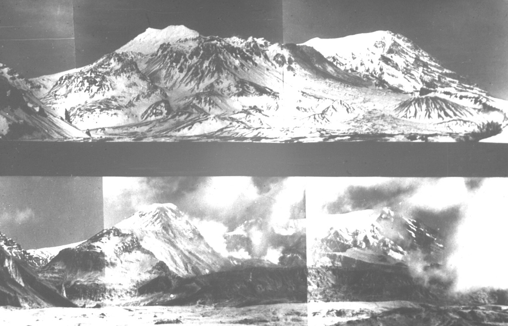 These paired photos show Sheveluch volcano from the south before (top) and after (bottom) a major eruption in 1964. A brief, but powerful eruption on 12 November 1964 resulted in collapse of the south summit of Sheveluch (Crater Top), forming a 1.5 x 3 km open crater seen in the bottom photo. A large debris avalanche swept to the south, after which a Plinian eruption with an ash plume 10-15 km high produced pumice fall and pumiceous pyroclastic flow deposits. Photo courtesy of Yuri Doubik (Institute of Volcanology, Petropavlovsk).