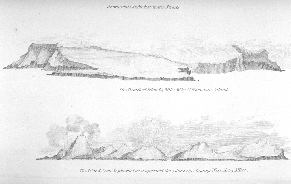 A 7 June 1792, sketch from the east shows Semisopochnoi Island with three "smoking" volcanic cones.  The 20-km-wide Semisopochnoi volcano is truncated by an 8-km-wide caldera.  Three post-caldera cones, Cerebus, Lakeshore Cone, and Sugarloaf may have had eruptions in historical time.  It is not certain whether the "smoke" plumes seen in this somewhat stylized sketch depict an ash eruption, or merely increased steaming. From the collection of Maurice and Katia Krafft.