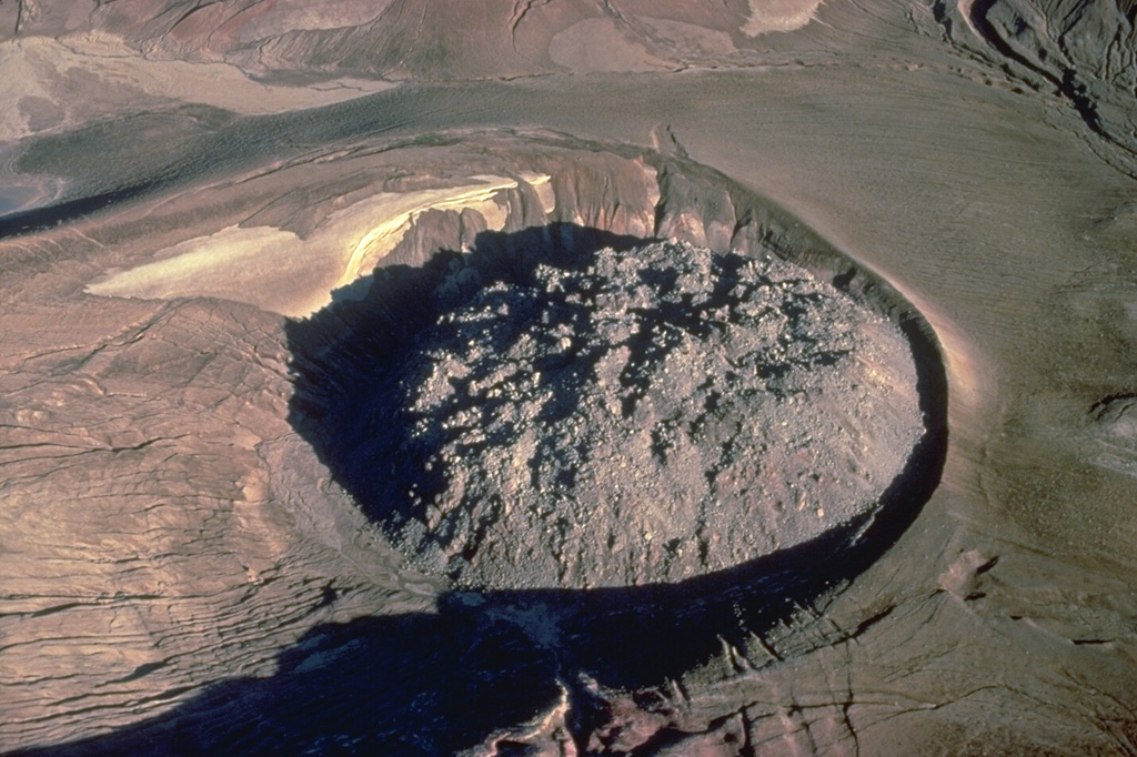 A 380-m wide lava dome caps the 1912 vent of Alaska's Novarupta volcano.  The 65-m-high rhyolitic lava dome, which lies within a circular ejecta ring, was erupted at the end of a powerful explosive eruption that produced the voluminous Valley of Ten Thousand Smokes ash flows. Copyrighted photo by Katia and Maurice Krafft, 1978.