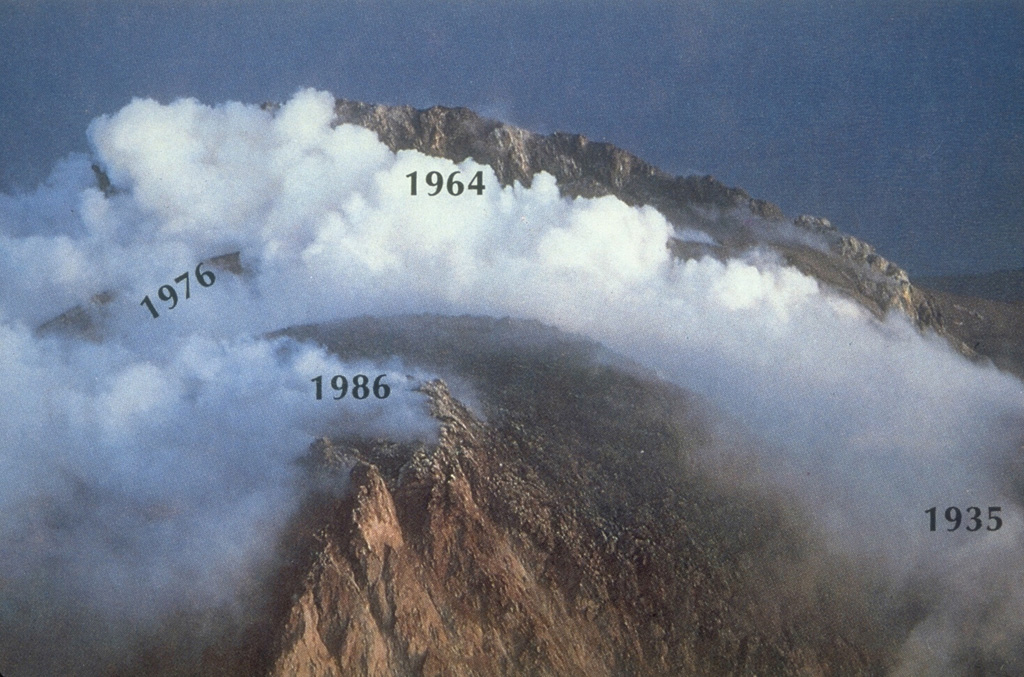 Remnants of four lava domes can be seen in this annotated July 1986 photo of the summit of Augustine taken from the north. Degassing of the 1986 lava dome produces a plume. Eruptions have often begun with the explosive removal of portions of lava domes at the summit and conclude with the extrusion of a new lava dome. Renewed extrusion of the 1986 dome occurred one month after the time of this photo. Photo by Lee Siebert, 1986 (Smithsonian Institution).
