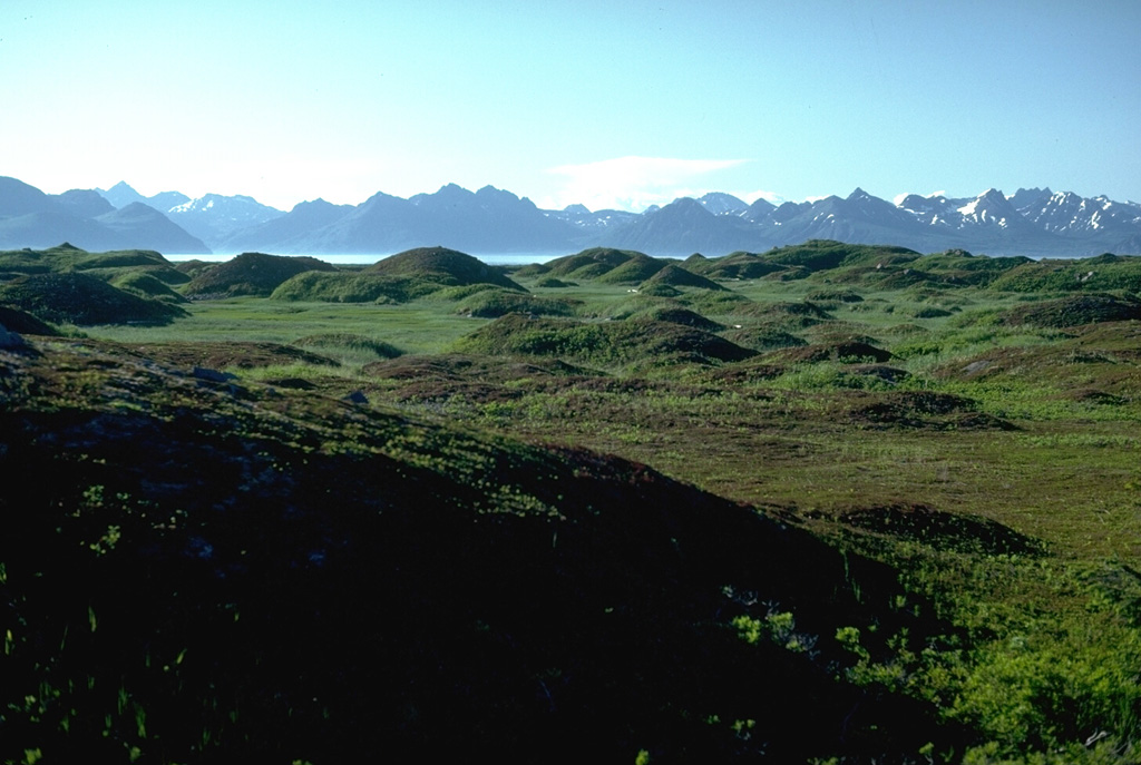 This hummocky terrain is the surface of the debris avalanche deposit from summit collapse at Augustine about 250-450 years ago, which forms the entire 2 x 3 km wide West Island. There are more than 1,000 hummocks with heights up to 30 m across the island. Bathymetric surveys suggest that the avalanche traveled an additional 3 km beyond the margin of West Island. Kamishak Bay and the Chigmit Mountains are on the horizon to the NW. Photo by Lee Siebert, 1986 (Smithsonian Institution).