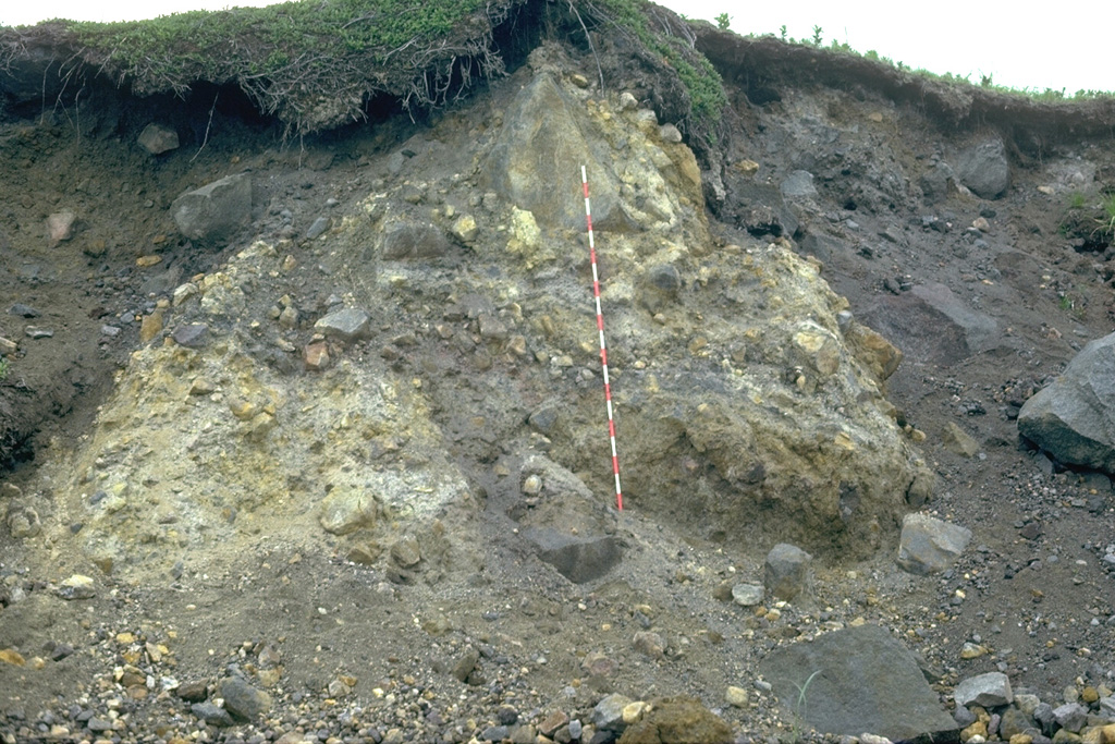 This wave-cut section exposes the interior of the Burr Point debris-avalanche deposit from the 1883 eruption of Augustine volcano. The different colors resulting from the transport of discrete segments of the volcano that are not thoroughly mixed are a characteristic appearance of debris avalanche deposits. The scale bar is 2 m high. Photo by Lee Siebert, 1986 (Smithsonian Institution).