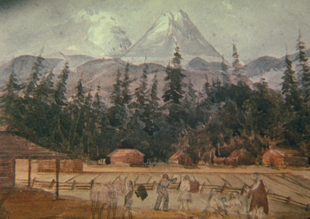 In 1845 the British Lieutenant Henry Warre sketched an eruption of Mount St. Helens from the west. The eruption plume is correctly shown originating from the N flank. The volcano was frequently observed in eruption from November 1842 until September 1845. Goat Rocks lava dome on the N flank was active at this time. Sketch by Henry Warre.